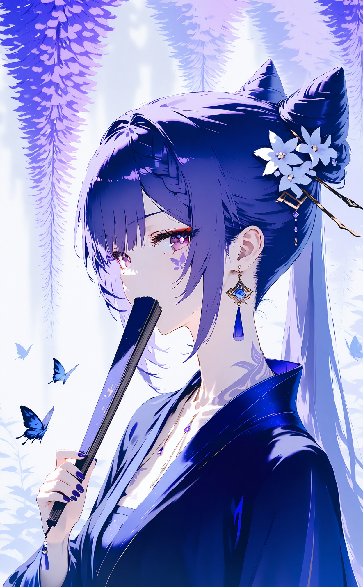 03513-1815305526-masterpiece,keqing _(genshin impact_),1girl,hair ornament,flower,jewelry,earrings,hand fan,purple hair,butterfly,cone hair bun,s.png